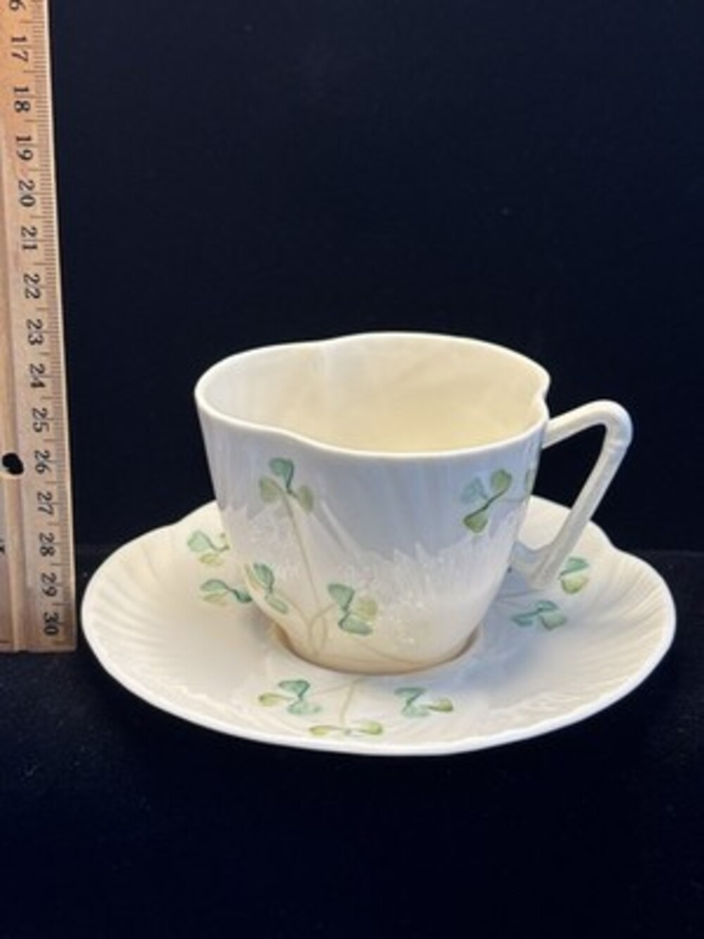 Vintage Irish Belleek China Marked 1946-55 Shamrock Harp Handle Tea Cup & Saucer